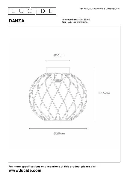 Lucide DANZA - Plafonnier - Ø 25 cm - 1xE27 - Or Mat / Laiton - TECHNISCH